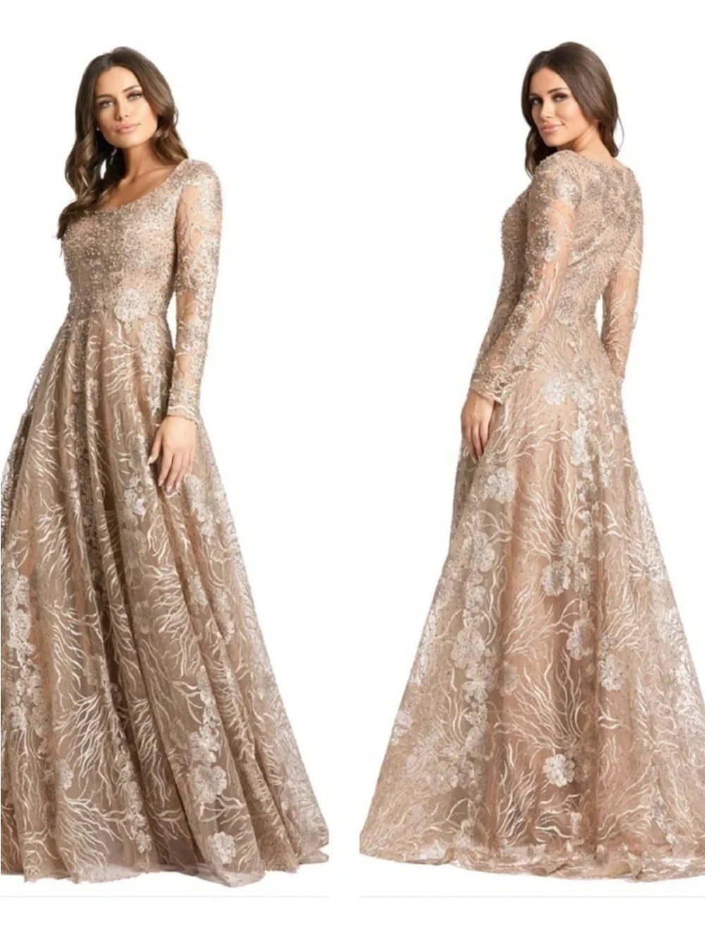 Mac Duggal Nude Beige Long-Sleeve Embroidered Maxi Gown